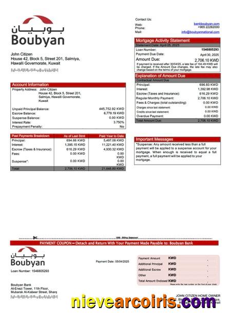 Kuwait Boubyan Bank mortgage statement Word and PDF template